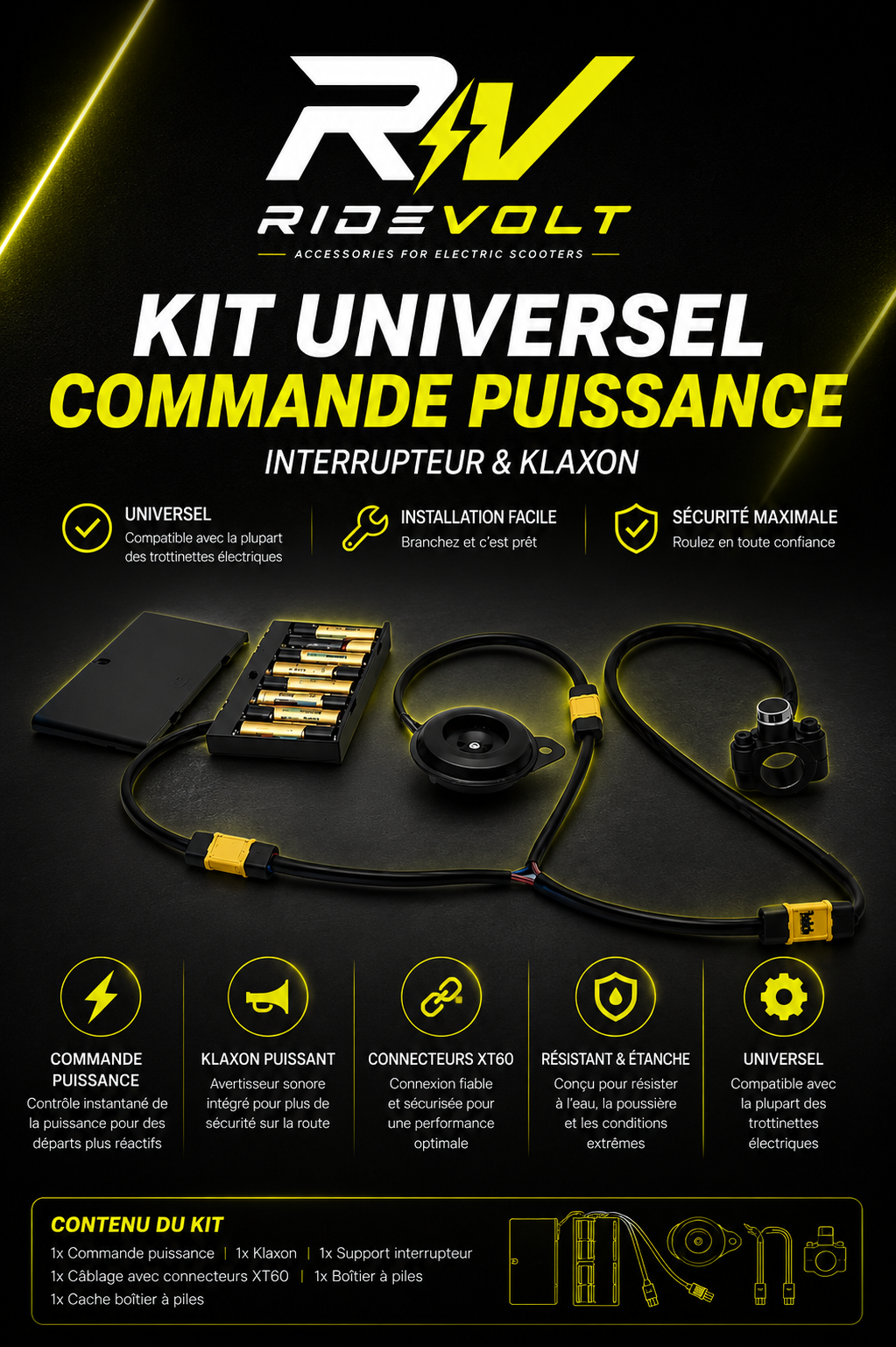 Ridevolt Vision Pro - Kit klaxon 115db pour trottinette électriques et vélos.