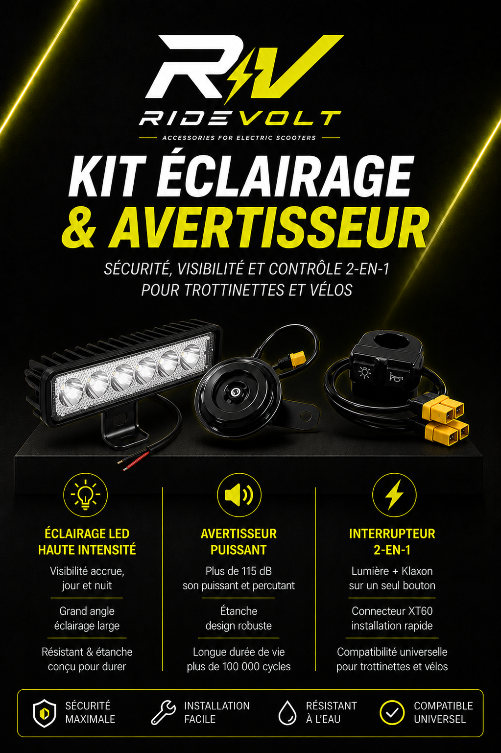 Ridevolt Vision Pro - Kit d'éclairage complet pour trottinettes et vélos. (Model 2)